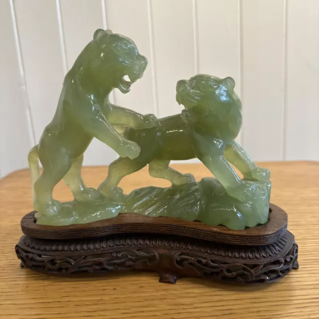 Chinese Carved Jade Tiger Figures On Wooden Stand