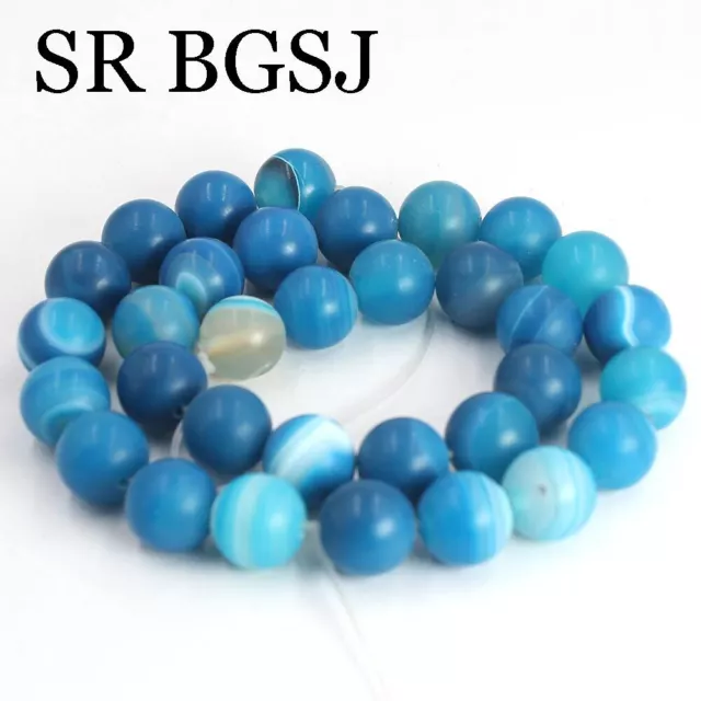 12mm Round Frost Matte Blue Stripe Agate Gemstonel Jewelry DIY Beads Strand 15"