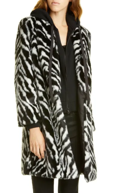 Alice + Olivia Kylie Women's Hooded Zebra Print Faux Fur Coat Black White Size M