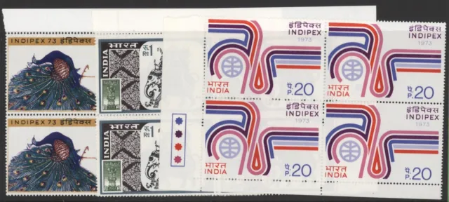 India 1973 Indipex '73 set in corner blocks + MS, MNH