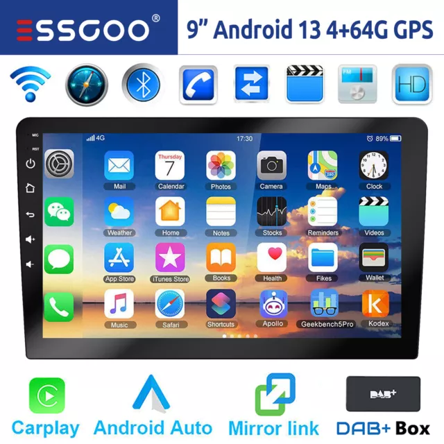 Autoradio 9 Pollici 2 DIN DAB+ Carplay Android 13 4+64G Bluetooth GPS RDS WiFi