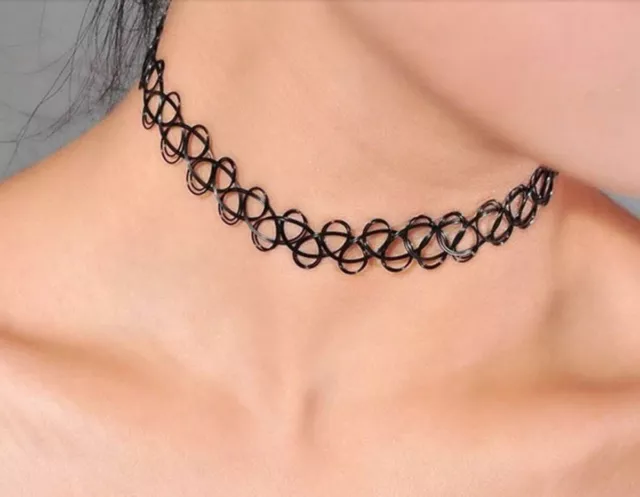 2X Tattoo Halskette Choker Gothic schwarz Retro Elastisch Punk dehnbar Halsband