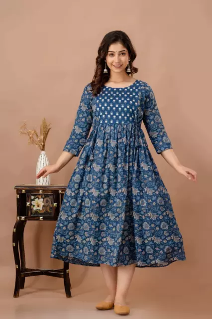 Maternity Feeding Kurti Blue Leaf Print Cotton 3/4 Sleeve Boat Neck Dress