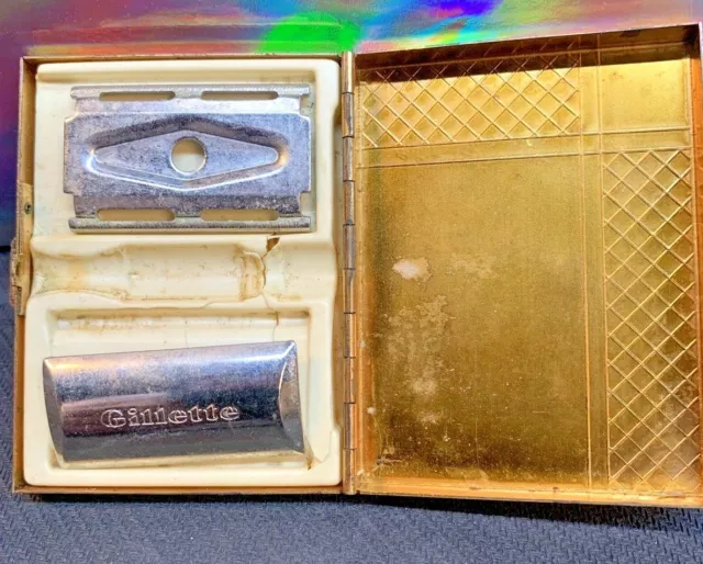 Vintage Gold Tone Gillette Razor & Blade Holder Case Made USA