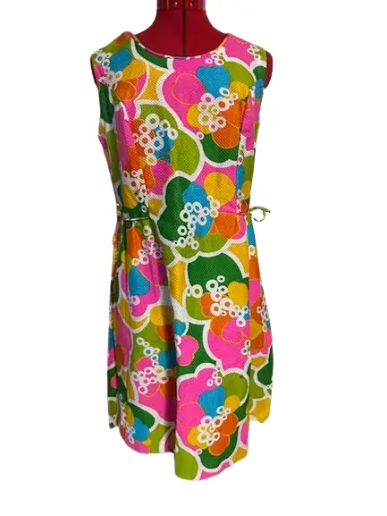 Vintage 1960's Bright Psychedelic Floral Print Short Dress Sz M-L Sleeveless