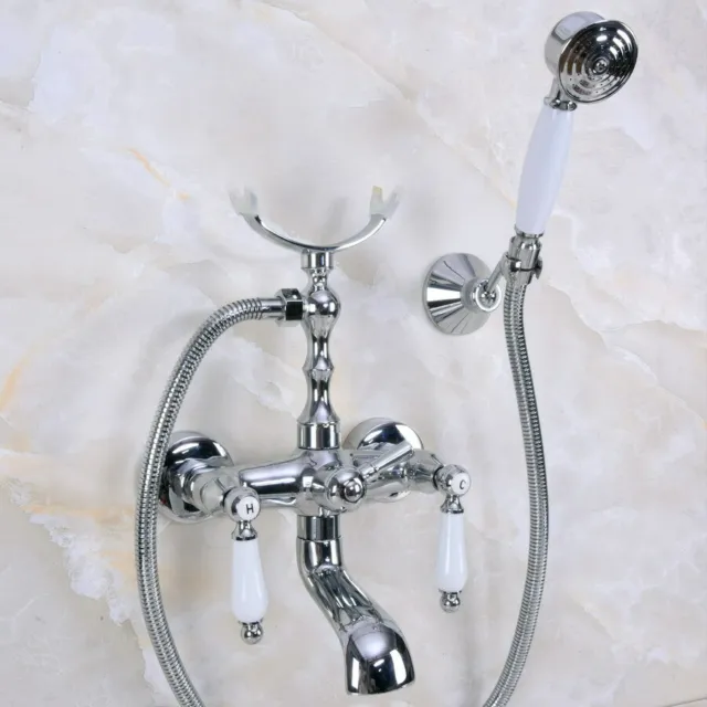 Wall Mount Double Handles Bathtub Chrome Tap with Brass Hand shower＆Mixer Faucet