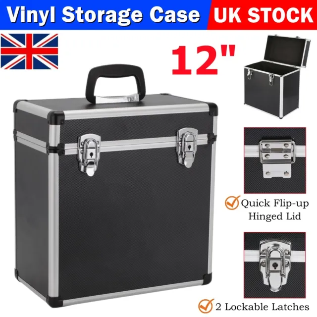 Aluminium 12" Vinyl Record Storage Box Flight Carry Case Holds 50 Vinyl - Black