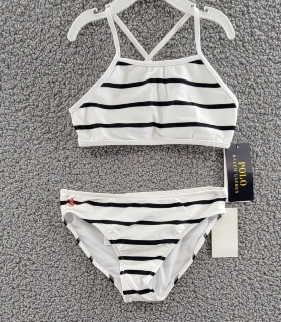 Polo Ralph Lauren Striped Stretch Two-Piece Swimsuit Girl's 5 White/Black S/L