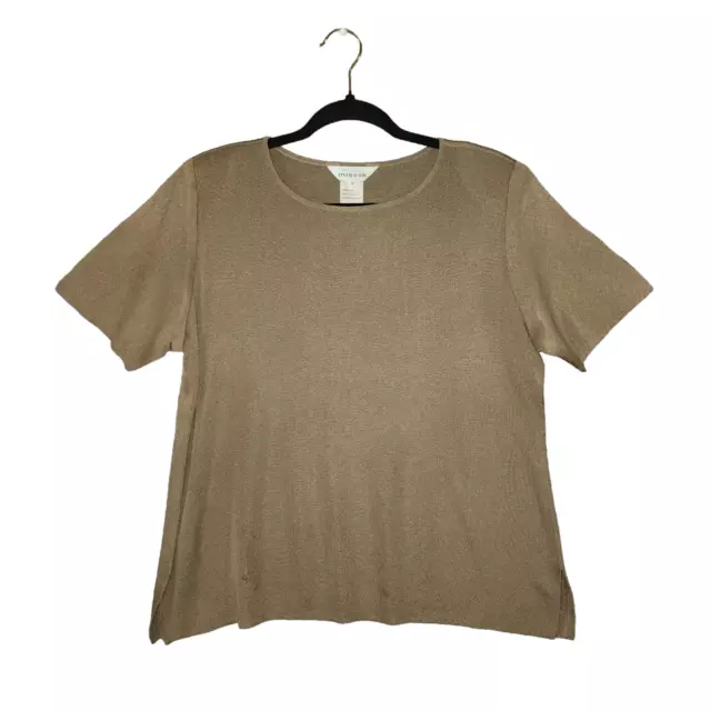 Exclusively Misook Women's Tan Brown Acrylic Round Neck Half Sleeve Top Size M