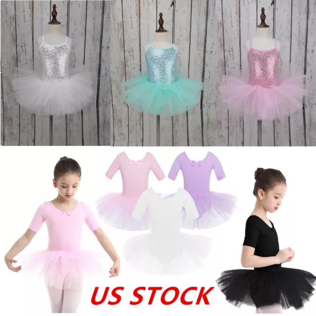 US Girls Ballet Dance Leotard Dress Tutu Skirt Gymnastics Kids Dancewear Costume