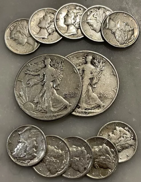 $2 Face 90% Silver 2 Walking Liberty Half Dollar 10 Mercury Dime Choose # Lots 2