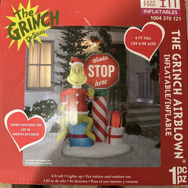GEMMY GRINCH WITH Santa Stop Here Sign Scene 6’ Christmas Airblown