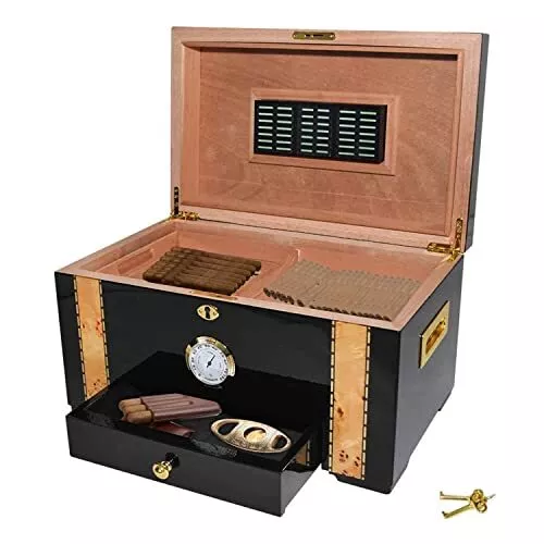 69Bourbons Exotic Cigar Humidor - Large Ebony Wood Storage Box with Spanish C...