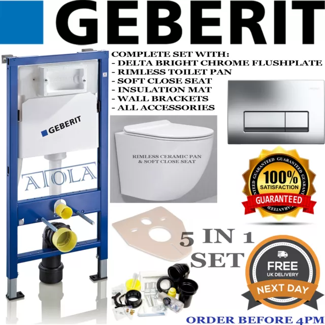 Geberit wall hung toilet frame with rimless pan, chrome plate, brackets & mat wc