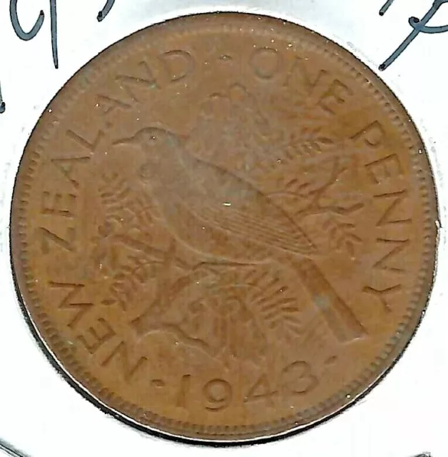 1943 New Zealand Circulated 1 Penny KGVI & Tui Bird Coin!