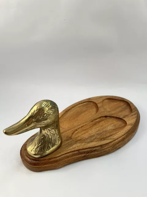 Vintage Brass Duck Head Wood Tray Mens Desk Organizer Coins Jewelry Valet Tray