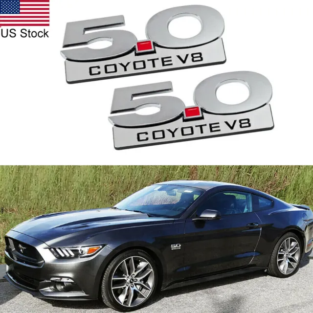 For Ford Mustang GT 2x Chrome & Red 5.0 COYOTE V8 Side Fender Emblem Badge Trunk