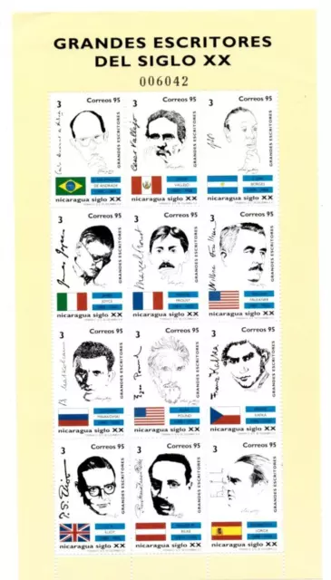 Nicaragua 1996 - Historical Writers - Sheet of 12 Stamps - Scott #2148 - MNH