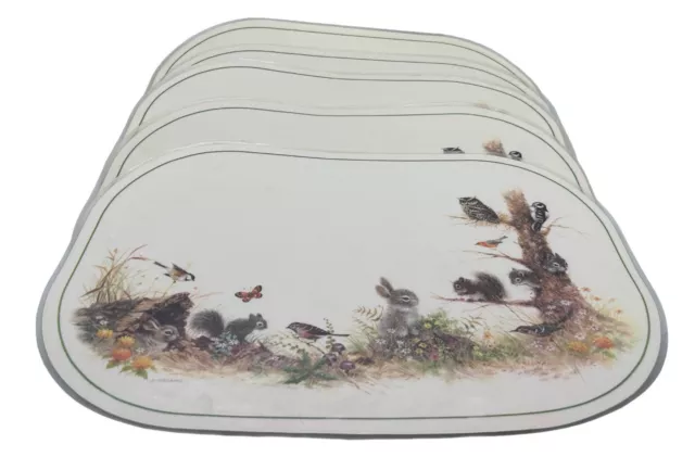 Lot Of 5 Vintage 1970's Giordano Laminated Placemats Reversible Forest Animals