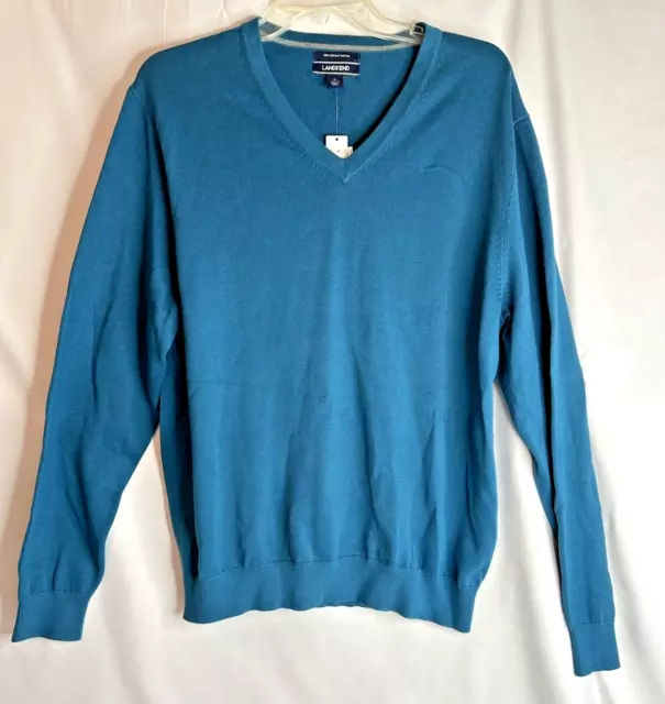 NWT Lands End V Neck Classic Men's Pullover Sweater Size Large Royal Teal Supima