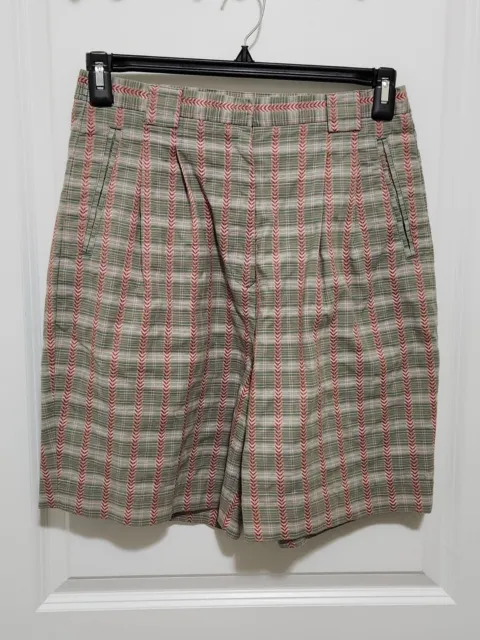 Vtg 80s Izod Club Womens 12 Golf Shorts Pleated Front Green Pink Plaid High Rise