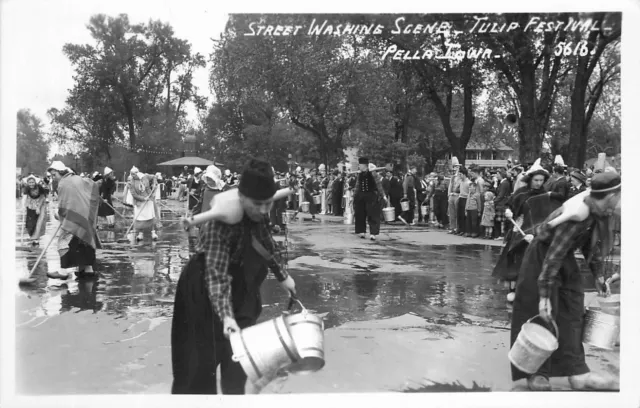 c1940 Tulip Festival Street Washing, Pella, Iowa Real Photo Postcard/RPPC