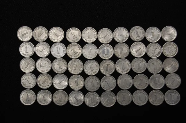 Kaiserreich 50 x 1 Pfennig Aluminium 1917 J.300, verschiedene Münzzeichen 102492
