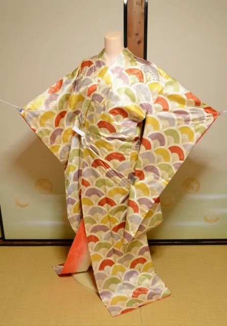 Furisode Kimono Silk Women Japanese vintage Wedding Robe Fan 161cm Long /722
