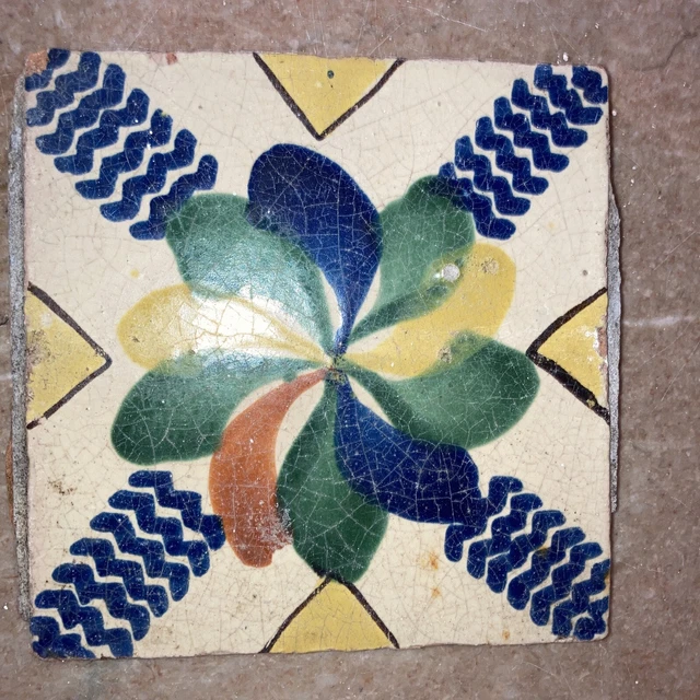 Antique Polychrom Ceramic Redware Tile Glazed Terracotta 6”x6” Majolica Morrocan