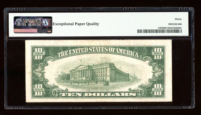 DBR 1934-B $10 Silver Vinson Fr. 1703 PMG 30 EPQ Serial B18601744A 2
