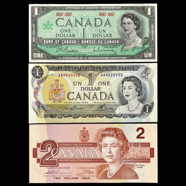 UNC Canada Banknotes 1867-1967, 1973, 1986 Set of 3 Crisp $1 $2 Mint Consecutive