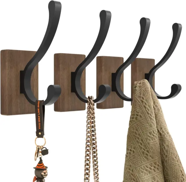 Wood Wall Hooks for Hanging - 4 Pack Coat Hooks Wall Mounted, Wooden Rustic Farm