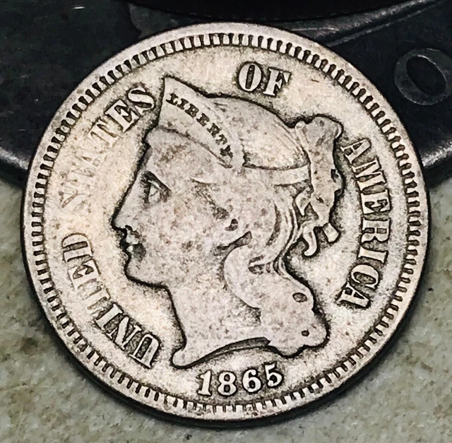 1865 Three Cent Nickel Piece 3C Circulated Civil War Date US Type Coin CC18165
