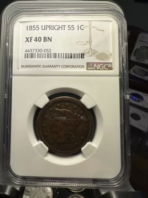 1855 Upright 55 Braided Hair Large Cent XF40 BN NGC