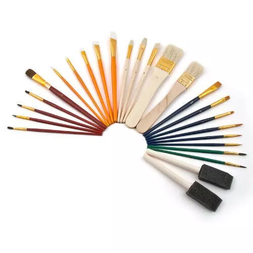 Set 25 Pezzi Pennelli Legno Tondi Piatti Spugna Pittore Artistico Tela Artico