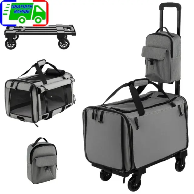 PAWHUT 2 en 1 trolley chariot sac à dos sac de transport à roulettes pour  chien chat gris pas cher 