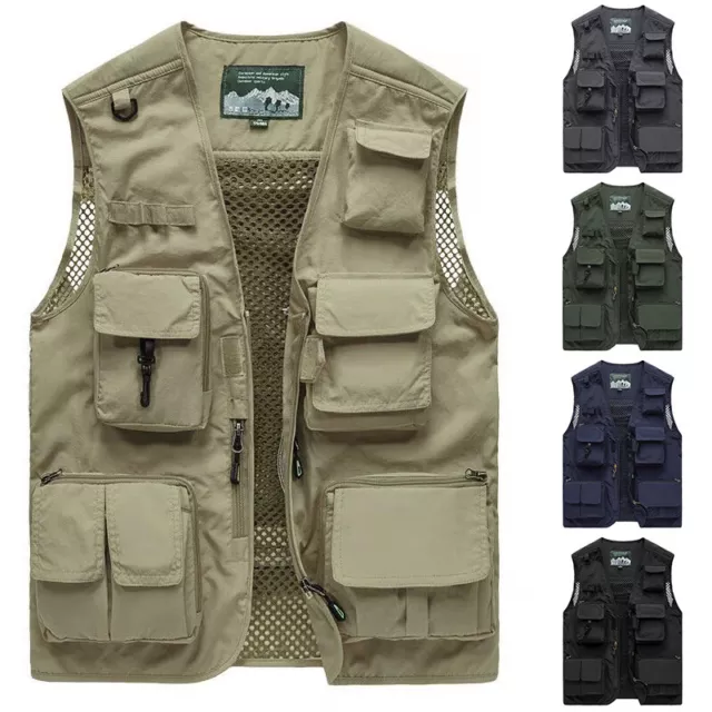 Men Waistcoat Multi Pockets Sleeveless Cargo Jacket Vest Fishing Working  ▣