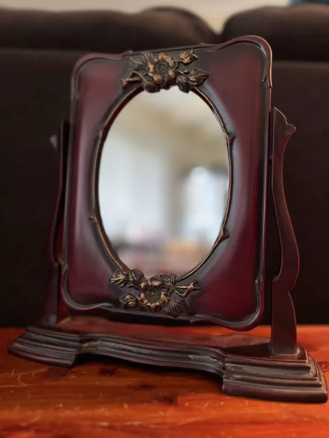 Victorian Style Swivel Oval Picture Frame Mirror Faux Carved Wood Vanity Floral