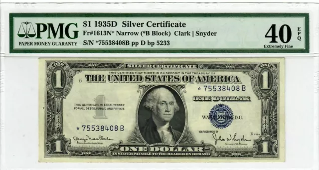 1935-D $1 Silver Certificate FR.1613N* Star NARROW *B BLOCK PMG EF-40 EPQ 2014
