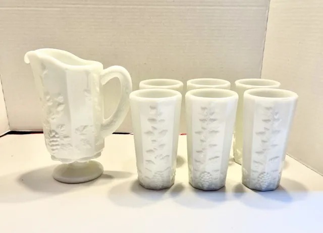 Vintage Westmoreland Paneled Grape Milk Glass Pitcher and Tumbler Set of 6