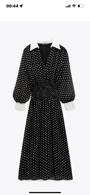 Zara Black White Collared Midi Polka Dot Dress With Smocked Waist Size M Bnwt
