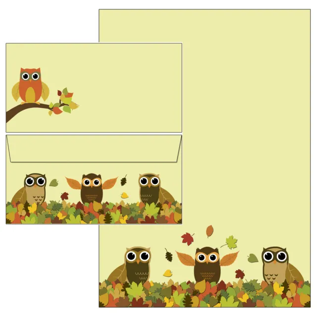 Eulen buntes Herbstlaub Set Motivpapier Briefpapier 20 Blatt A4 + 10 Umschläge