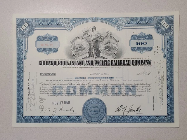 Chicago, Rock Island and Pacific Railroad Cancelled Stock Certificate