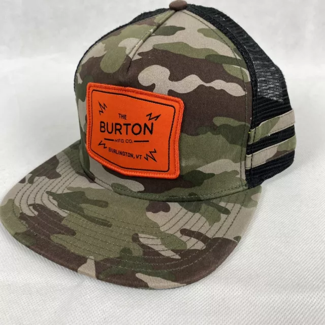 The Burton Mfg Co. Trucker Cap Hat Patch Logo Snapback Mesh 2 Stripe Camo Black