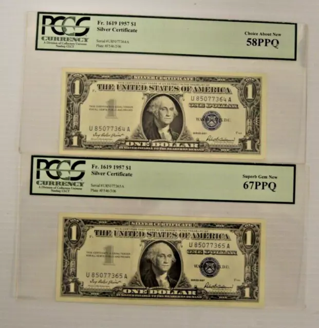 2- Pcgs 1957 Silver Sequential Order $ 1 Dollar Bills, 1- Ppq58 And 1- Ppq67