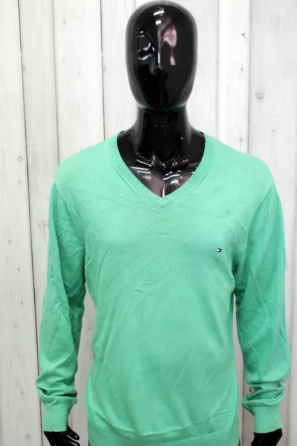 Maglione Tommy Hilfiger Uomo Taglia XL Verde Cotone Pullover Sweater Logo Man