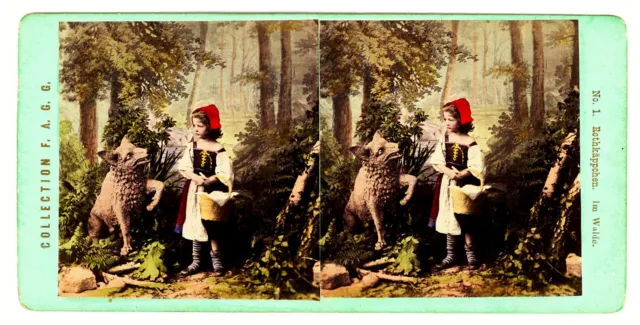 2 Stereofotografien,Rotkäppchen beim Wolf od. im Walde,ca.1900