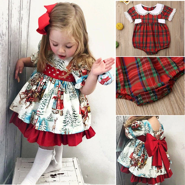 Abito Babbo Natale bambini bambina vestiti di Natale abbinati pizzo a quadretti Regno Unito