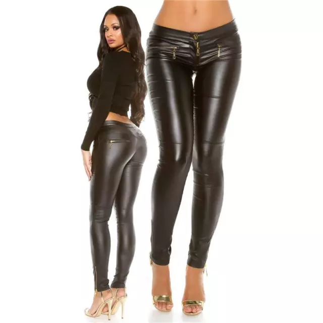 Sexy Sguardo Cuoio Donna Pantaloni Con Zip Am Gamba Effetto Lucido Nero #H1487