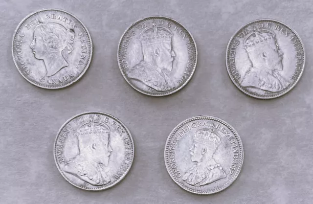 5 (Five) Silver Canada 5 Cents Coins (1897 Victoria, 1902, 1907, 1907 and 1912)